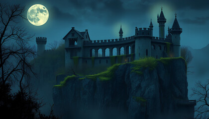 Ancient abandoned castle on a cliff, partially overgrown with glowing moss and vines, full moon night, mysterious ambiance 2