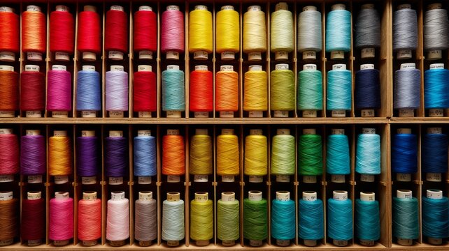 Assorted thread spools in vibrant colors on shelf. AI image
