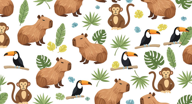 Seamless pattern featuring capybaras, monkeys, toucans, and tropical leaves scattered on a white background.