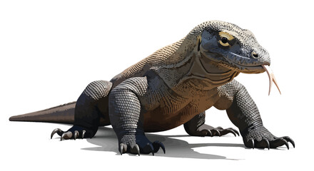 Obraz premium A Komodo dragon with its tongue extended, walking on a white surface, casting a shadow.
