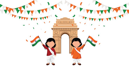 Two children holding Indian flags stand before India Gate, adorned with bunting and confetti, celebrating a national holiday.