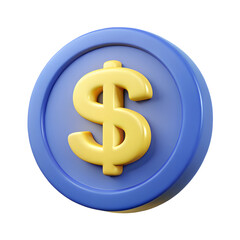 Obraz premium dollar sign icon, 3D Blue and Gold Dollar Coin Icon – Financial Wealth and Savings Symbol Isolated on Transparent Background
