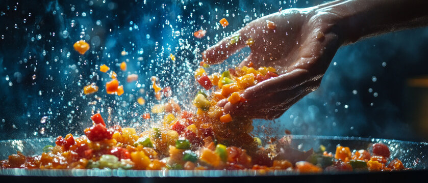 Brightly colored vegetable cubes flying out of your hands create a dynamic and lively scene in the kitchen. Culinary blogs, advertisements for kitchen utensils.