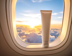 A white tube of skincare rests on an airplane window sill, with a stunning sunrise view beyond