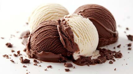 Ice cream balls with chocolate and waffles. Suitable for advertising desserts and culinary articles.