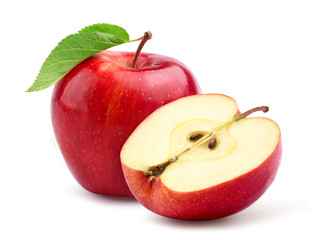 Red delicious apple with half isolated on white.
