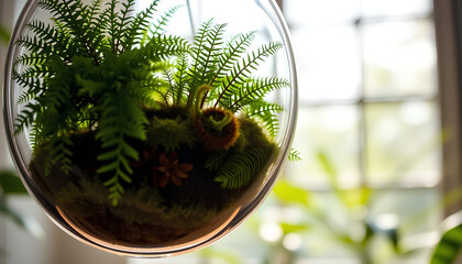 Close-up of hanging ferns and mosses in a glass terrarium-style planter, sunlight filtering through, nature-inspired indoor tranquility 2