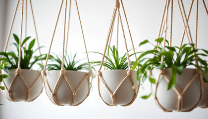 Close-up of minimalist hanging planters with triangle macramé supports, neutral ceramic pots with green indoor plants, white backdrop