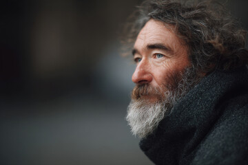 closeup portrait of old american homeless man showcasing profound sense of sorrow and hardship