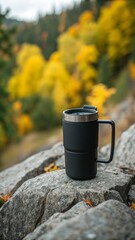 Dark insulated mug with handle on rocky outcrop with autumn foliage background