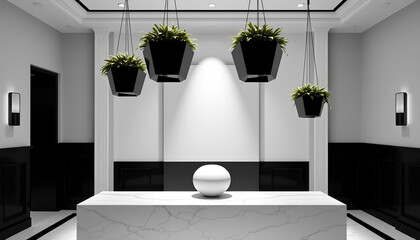 Elegant black-and-white themed room with symmetrical hanging planters shaped like pentagons, luxury minimalism 2