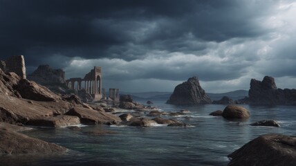 Stormy ocean scene with dramatic clouds and rocks. AI image