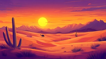 sunset over Sahara with camel silhouette against vibrant hues for peaceful desert journey warm glowing sky serene nature timeless beauty harmony concept.