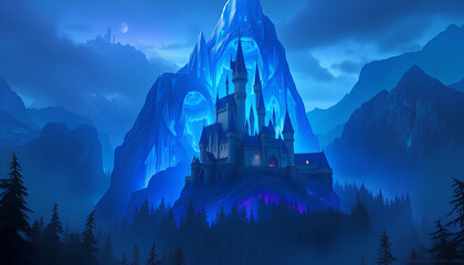Enchanted castle built into a giant crystal mountain, glowing blue and violet tones, magical forest below, cinematic fantasy art 2