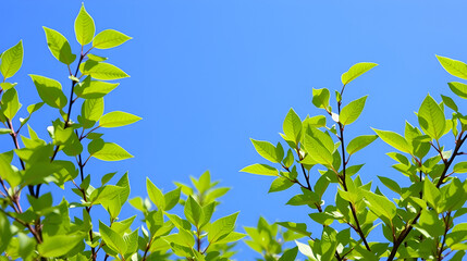 Fresh green leaves of Streblus asper against a bright blue sky background, leaves, branches