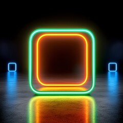 Vibrant Neon Square Frame with Glowing Lines and Dark Background