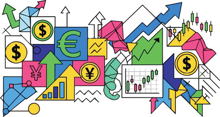 Isolated a kinds of deferent Bold geometric mosaic featuring finance symbols, arrows, and abstract elements with a pop color scheme for business design. vector art with white background.