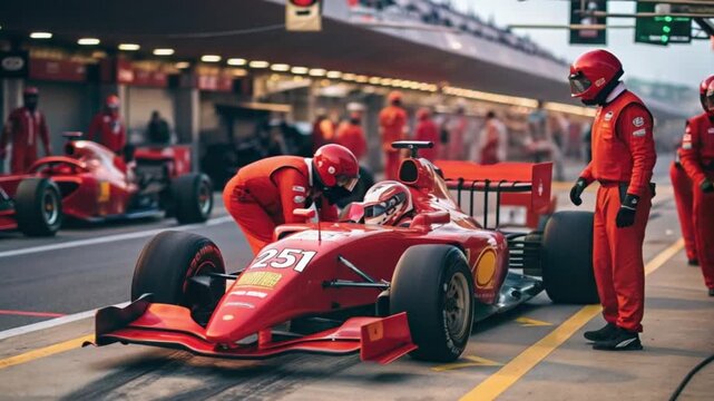 Formula 1 Pit Stop Action - Red Race Car and Crew Preparation