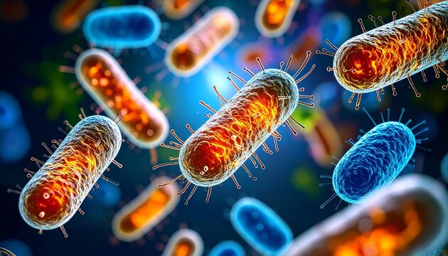 Microscopic close-up reveals vibrant bacteria swirling gracefully in liquid, glowing under light, showcasing the dynamic beauty and complexity of microbial life in a fluid ecosystem