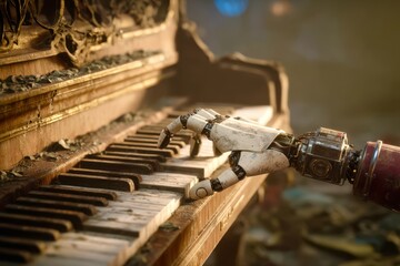a robot is paying at the piano