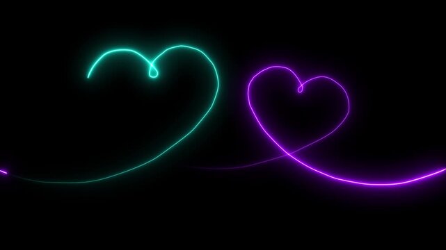 Purple and sky blue colored neon two love hearts. Valentine's Day. A line drawing will appear and be drawn with a bright line. Heart neon frame. Neon 2 heart border loop isolated on black background.