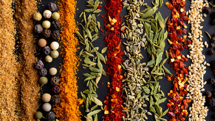 A vibrant close-up macro view showcases a colorful assortment of dried spices and grains in vertical rows offering diverse textures and rich earthy tones for culinary inspiration