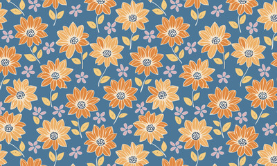 A cheerful and playful seamless pattern featuring rustic, textured flowers