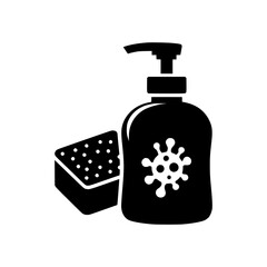 Obraz premium Black and white illustration of a soap dispenser with a virus symbol and a sponge