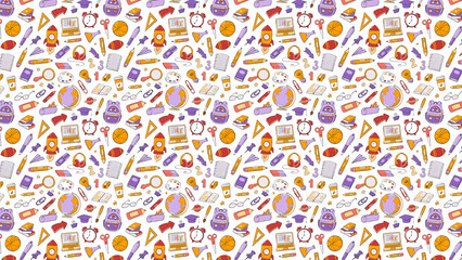 A colorful pattern of school supplies scattered on a white background creating a back to school theme