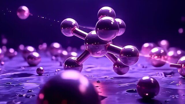 Transport yourself to a cosmic purple expanse where a geometric molecule spinning like mechanical gear assembly expands into dynamic spheres and toroidal shapes, each one glimmering with