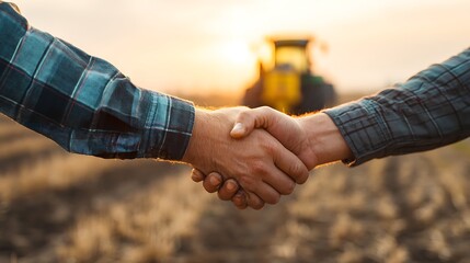 Two people shaking hands in open farmland with soft sunset light and blurred tractor in background representing agriculture partnership