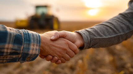 Two people shaking hands in open farmland with soft sunset light and blurred tractor in background representing agriculture partnership