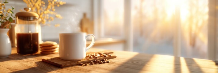 A cozy morning scene with a cup of coffee, coffee beans, cookies, and a French press on a wooden table lit by warm sunlight.