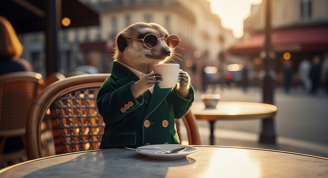 A dapper meerkat, wearing spectacles and a suit, enjoys coffee at a Parisian cafe, basking in the sunlight.