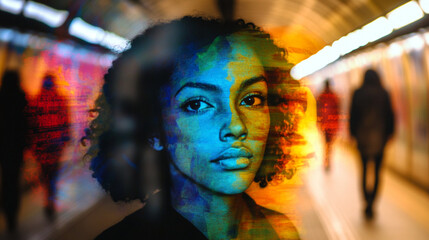 Obraz premium Subway tunnel with diverse ethnic iterations of one person, showcasing cultural identity layers