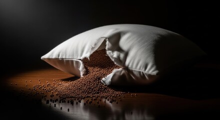 White pillow with spilled brown filling