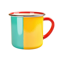 Color-block enamel mug with red handle on white background