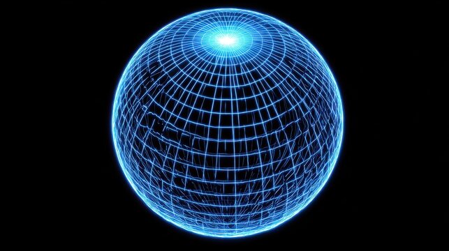 Blue neon wireframe sphere effect, ideal for 3D design concepts, technology backgrounds, and digital art projects.