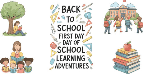 Obraz premium Isolated a kinds of deferent Back to School. First day of school. Set of People are reading a book. Typography poster design and vectorized watercolor vector art with white background.