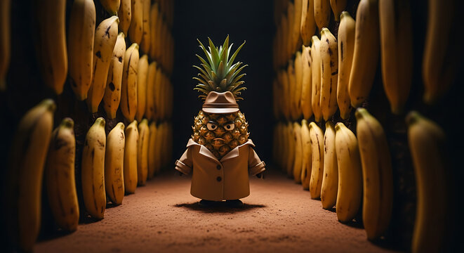 A pineapple wearing a trench coat and fedora stands in a corridor lined with bananas, creating a surreal and humorous scene.