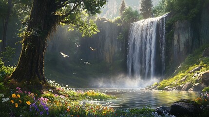 enchanted waterfall with gentle cascade and lush greenery for serene oasis experience hidden in forest peaceful nature escape magical harmony concept.