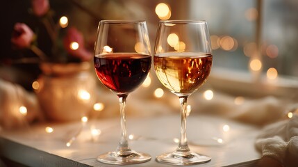 Two wine glasses with red and amber wine on white surface soft indoor lighting cozy elegant atmosphere