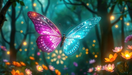 Glowing butterfly with crystal wings flying through a magical forest filled with floating lights and enchanted flowers 2