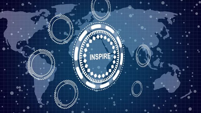 an Inspire concept button , digital data flow. Seamless loop technology network background concept . digital technology animated background concept. 3d animation and grid maps background.