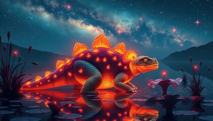 Glowing ankylosaurus resting near a magical lake reflecting stars and surrounded by ethereal floating plants 2
