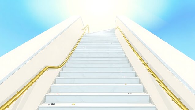 A stairway to heaven with white steps and gold railings under a bright blue sky illustration
