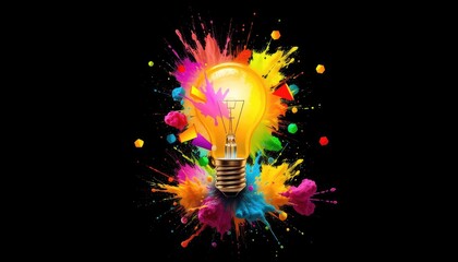 Glowing light bulb exploding into a cloud of colorful paint and geometric shapes, symbolizing a burst of creative ideas 2