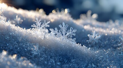Closeup of Intricate Snowflakes on a Soft Blanket of Snow with a Beautiful Blue Background