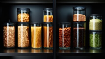 Organized pantry shelves showcasing various grains and pasta in glass containers against a dark background