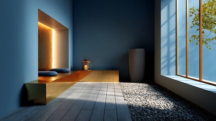 Modern Minimalist Interior Design Featuring Blue Walls and Natural Light with Golden Accents